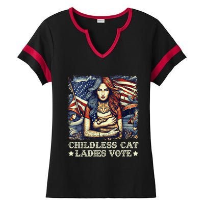 Women Childless Cat Ladies Vote Kamala Harris 2024 Gift Ladies Halftime Notch Neck Tee