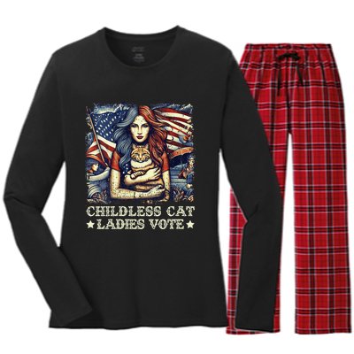 Women Childless Cat Ladies Vote Kamala Harris 2024 Gift Women's Long Sleeve Flannel Pajama Set 