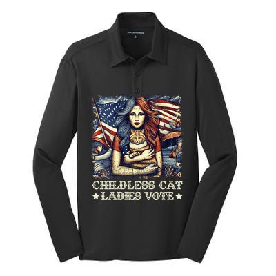 Women Childless Cat Ladies Vote Kamala Harris 2024 Gift Silk Touch Performance Long Sleeve Polo