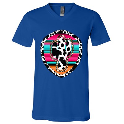 Western Cow Cactus Leopard Cheetha Serape Turquoise V-Neck T-Shirt