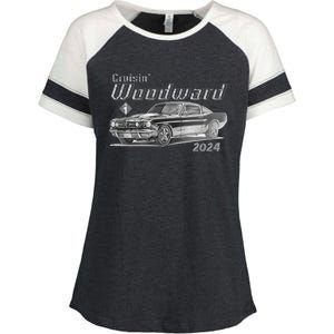 Woodward Cruise Classic Muscle Car Sketch 2024 Enza Ladies Jersey Colorblock Tee