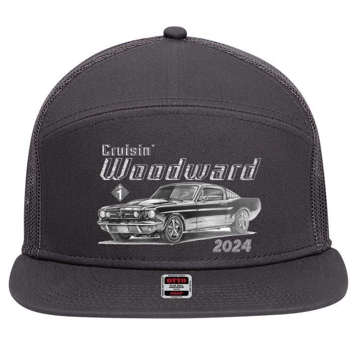 Woodward Cruise Classic Muscle Car Sketch 2024 7 Panel Mesh Trucker Snapback Hat