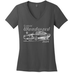 Woodward Cruise Classic Muscle Car Sketch 2024 Women's V-Neck T-Shirt