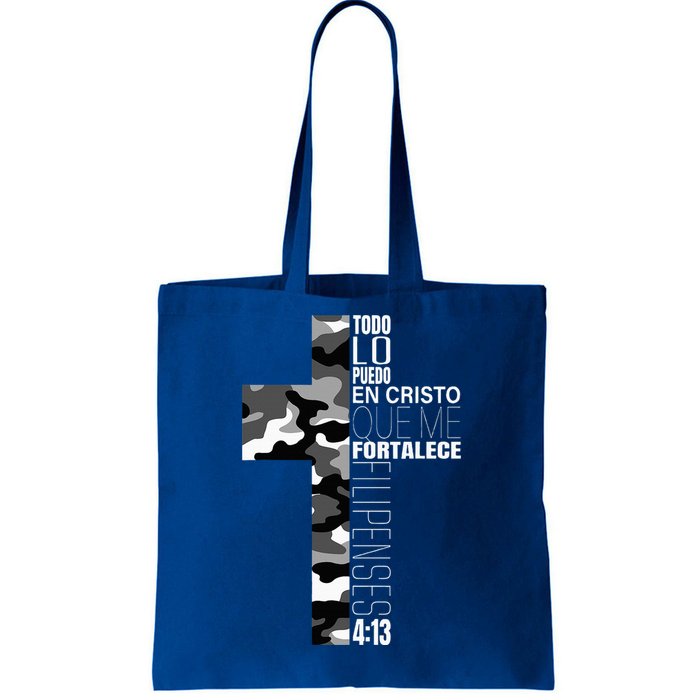 White Camo Christian Verse Spanish Filipenses 413 EspañOl Tote Bag