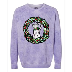 White Cat Christmas Wreath Art Funny Gift Colorblast Crewneck Sweatshirt