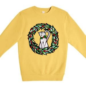 White Cat Christmas Wreath Art Funny Gift Premium Crewneck Sweatshirt