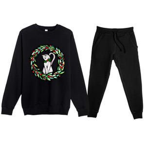 White Cat Christmas Wreath Art Funny Gift Premium Crewneck Sweatsuit Set