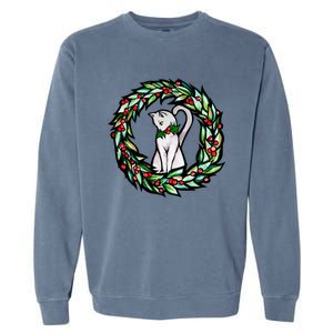 White Cat Christmas Wreath Art Funny Gift Garment-Dyed Sweatshirt