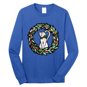 White Cat Christmas Wreath Art Funny Gift Long Sleeve Shirt