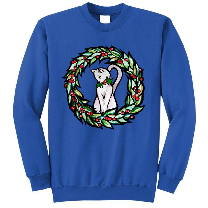 White Cat Christmas Wreath Art Funny Gift Sweatshirt