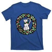 White Cat Christmas Wreath Art Funny Gift T-Shirt