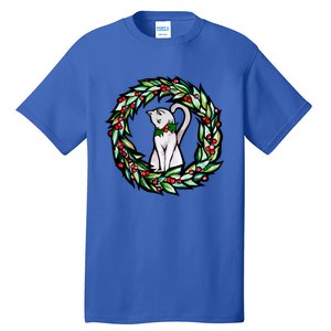 White Cat Christmas Wreath Art Funny Gift Tall T-Shirt