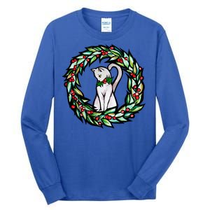 White Cat Christmas Wreath Art Funny Gift Tall Long Sleeve T-Shirt