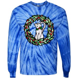 White Cat Christmas Wreath Art Funny Gift Tie-Dye Long Sleeve Shirt