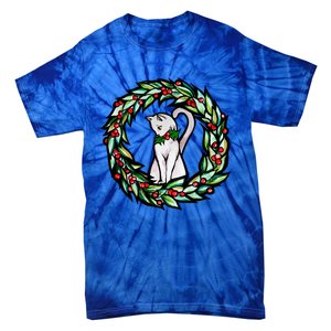 White Cat Christmas Wreath Art Funny Gift Tie-Dye T-Shirt