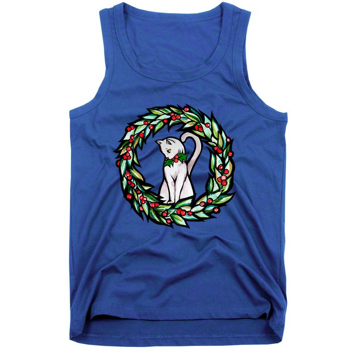 White Cat Christmas Wreath Art Funny Gift Tank Top