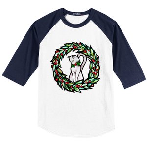 White Cat Christmas Wreath Art Funny Gift Baseball Sleeve Shirt