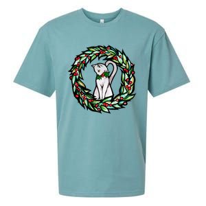 White Cat Christmas Wreath Art Funny Gift Sueded Cloud Jersey T-Shirt