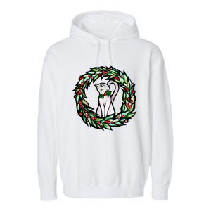 White Cat Christmas Wreath Art Funny Gift Garment-Dyed Fleece Hoodie