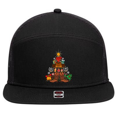 Western Cowboy Christmas Tree Funny Xmas Happy New Year 2024  7 Panel Mesh Trucker Snapback Hat