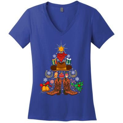 Western Cowboy Christmas Tree Funny Xmas Happy New Year 2024  Women's V-Neck T-Shirt