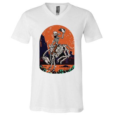 Western Country Cowgirl Cowboy Skeleton Halloween Spooky V-Neck T-Shirt