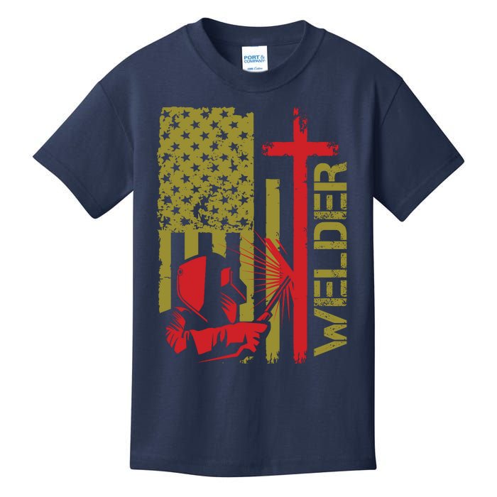 Weldingshirt Cross Christian Usa Flag Welder Dad Kids T-Shirt