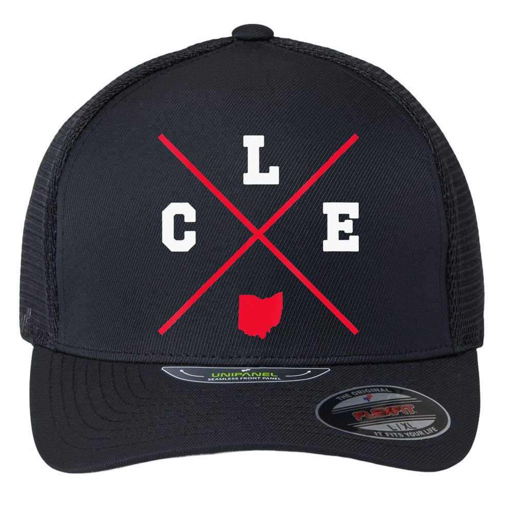 Womens Classic CLE Cleveland Ohio Red Vintage State Outline Flexfit Unipanel Trucker Cap