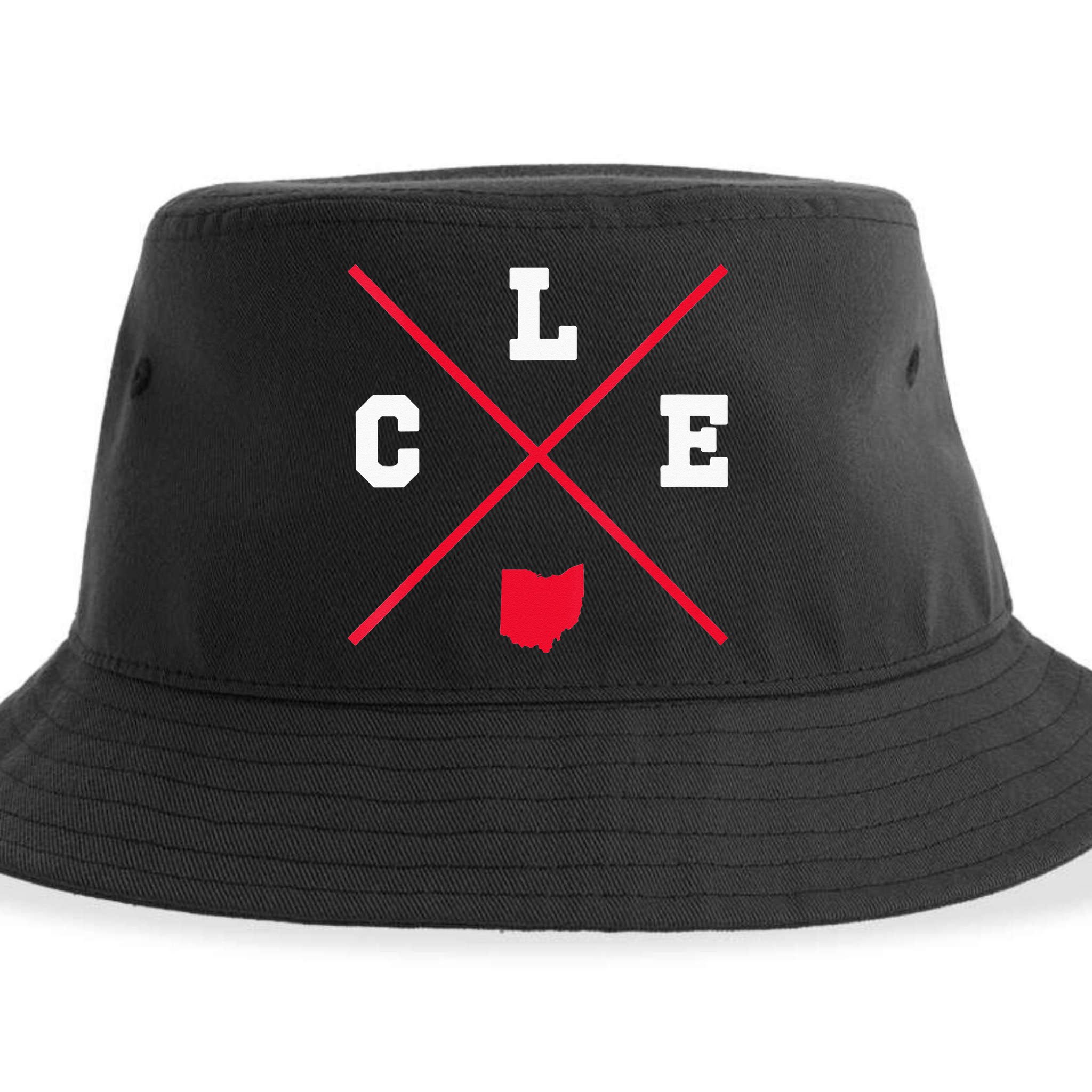 Womens Classic CLE Cleveland Ohio Red Vintage State Outline Sustainable Bucket Hat