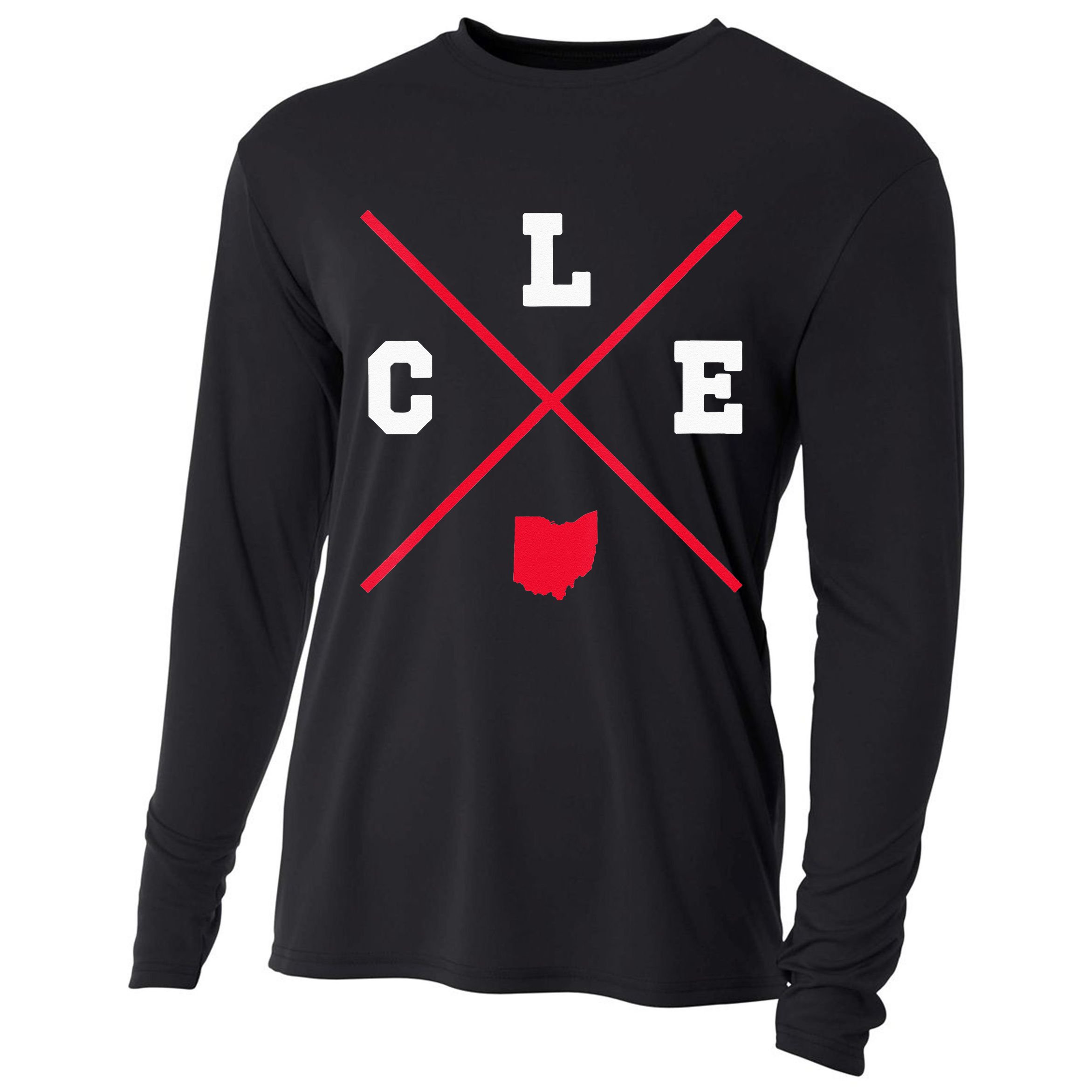 Womens Classic CLE Cleveland Ohio Red Vintage State Outline Cooling Performance Long Sleeve Crew