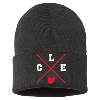 Womens Classic CLE Cleveland Ohio Red Vintage State Outline Sustainable Knit Beanie