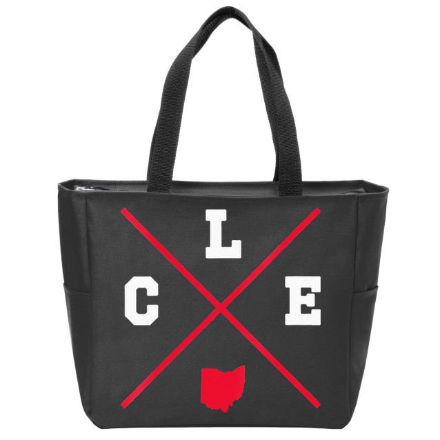 Womens Classic CLE Cleveland Ohio Red Vintage State Outline Zip Tote Bag