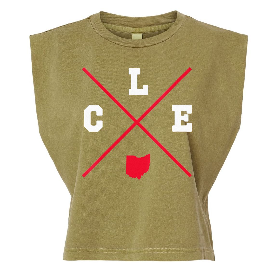 Womens Classic CLE Cleveland Ohio Red Vintage State Outline Garment-Dyed Women's Muscle Tee