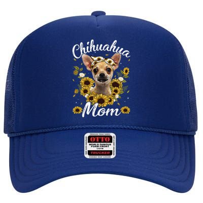 Womens Cute Chihuahua Mom Sunflower Dog Mom Mother's Day High Crown Mesh Back Trucker Hat