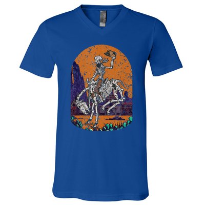 Western Country Cowboy Skeleton Halloween Spooky V-Neck T-Shirt