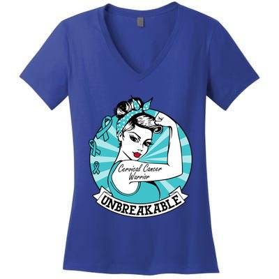 Wo Cervical Cancer Warrior Unbreakable Gift Awareness Cool Gift Women's V-Neck T-Shirt