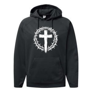 Wooden Cross Crown Of Thorns Christian Catholic Jesus Christ Performance Fleece Hoodie