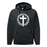 Wooden Cross Crown Of Thorns Christian Catholic Jesus Christ Performance Fleece Hoodie