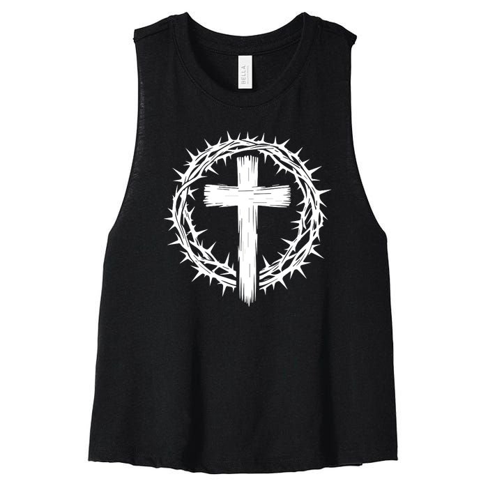 Wooden Cross Crown Of Thorns Christian Catholic Jesus Christ Women's Racerback Cropped Tank