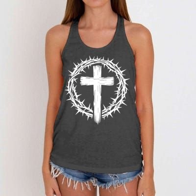 Wooden Cross Crown Of Thorns Christian Catholic Jesus Christ Women's Knotted Racerback Tank
