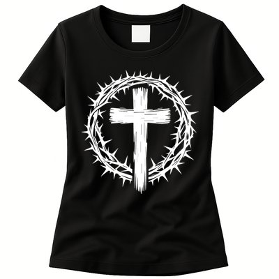 Wooden Cross Crown Of Thorns Christian Catholic Jesus Christ Womens T-Shirt