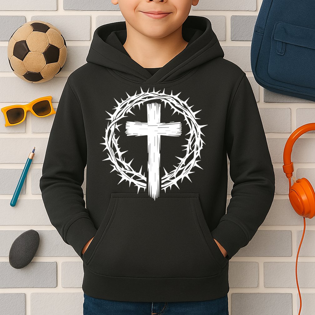 Wooden Cross Crown Of Thorns Christian Catholic Jesus Christ Kids Hoodie