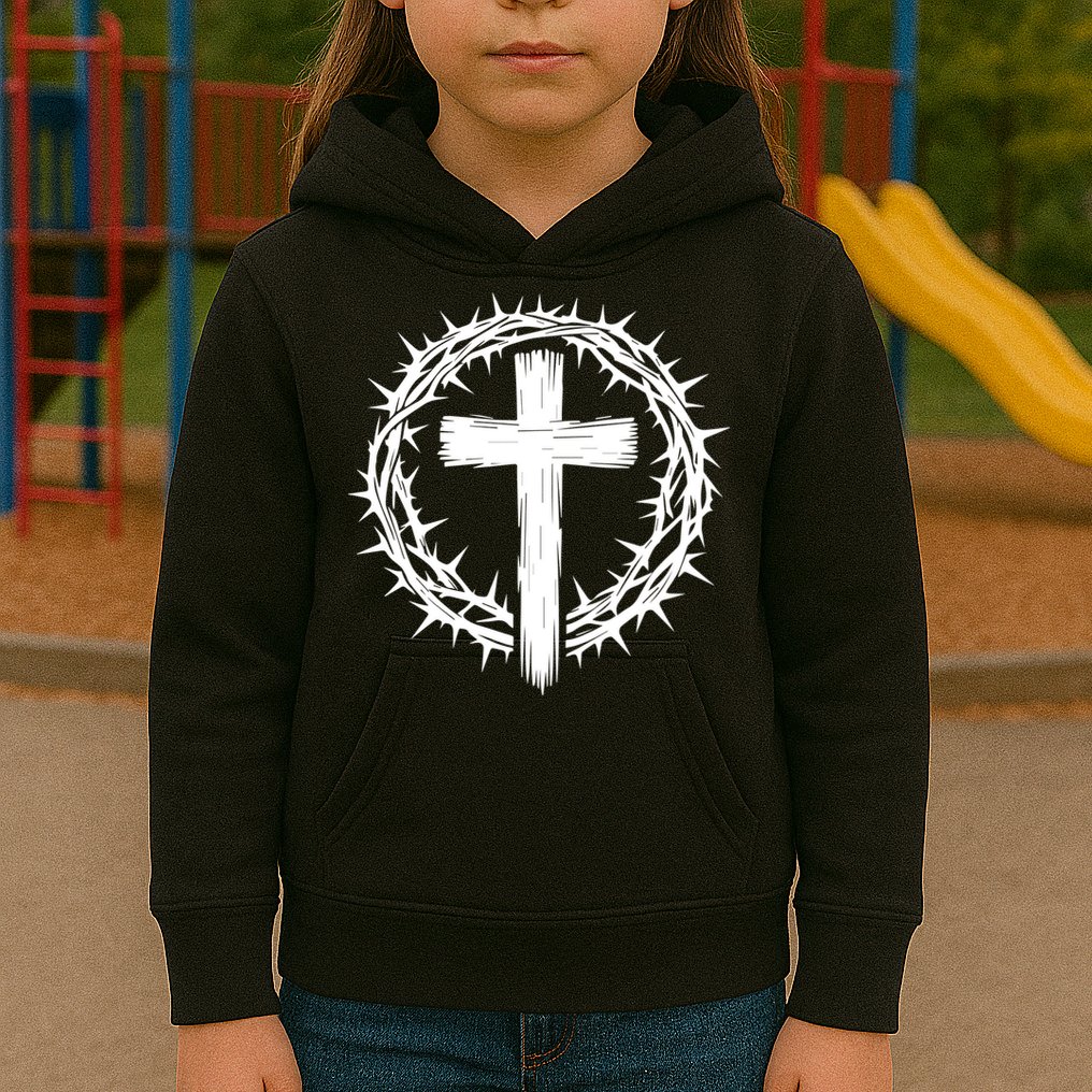 Wooden Cross Crown Of Thorns Christian Catholic Jesus Christ Kids Hoodie