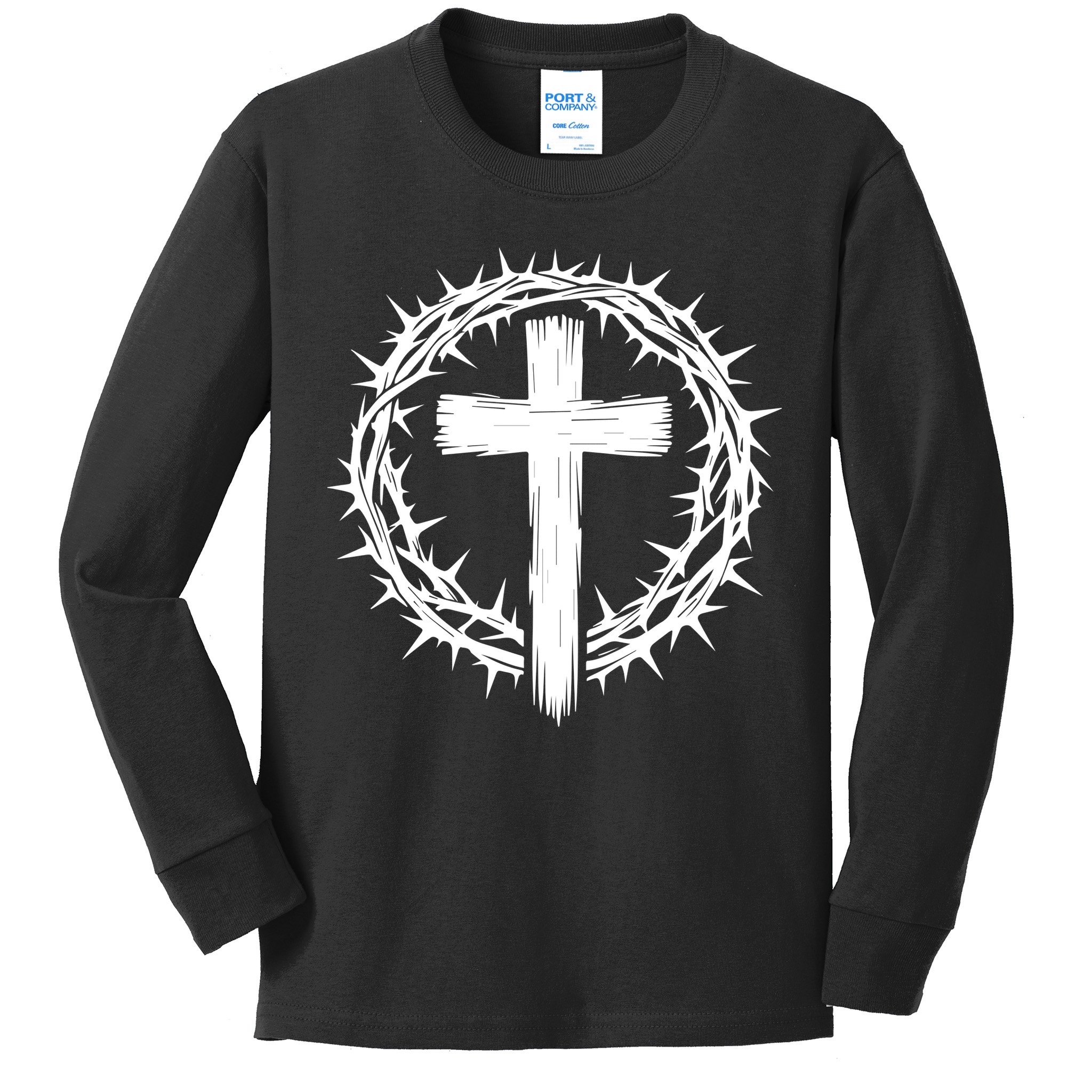 Wooden Cross Crown Of Thorns Christian Catholic Jesus Christ Kids Long Sleeve Shirt