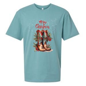 Western Cow Christmas And Cow Boots Gift Sueded Cloud Jersey T-Shirt