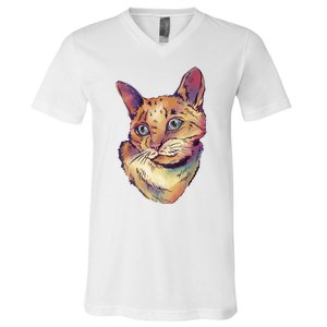 Watercolor Cute Cat V-Neck T-Shirt