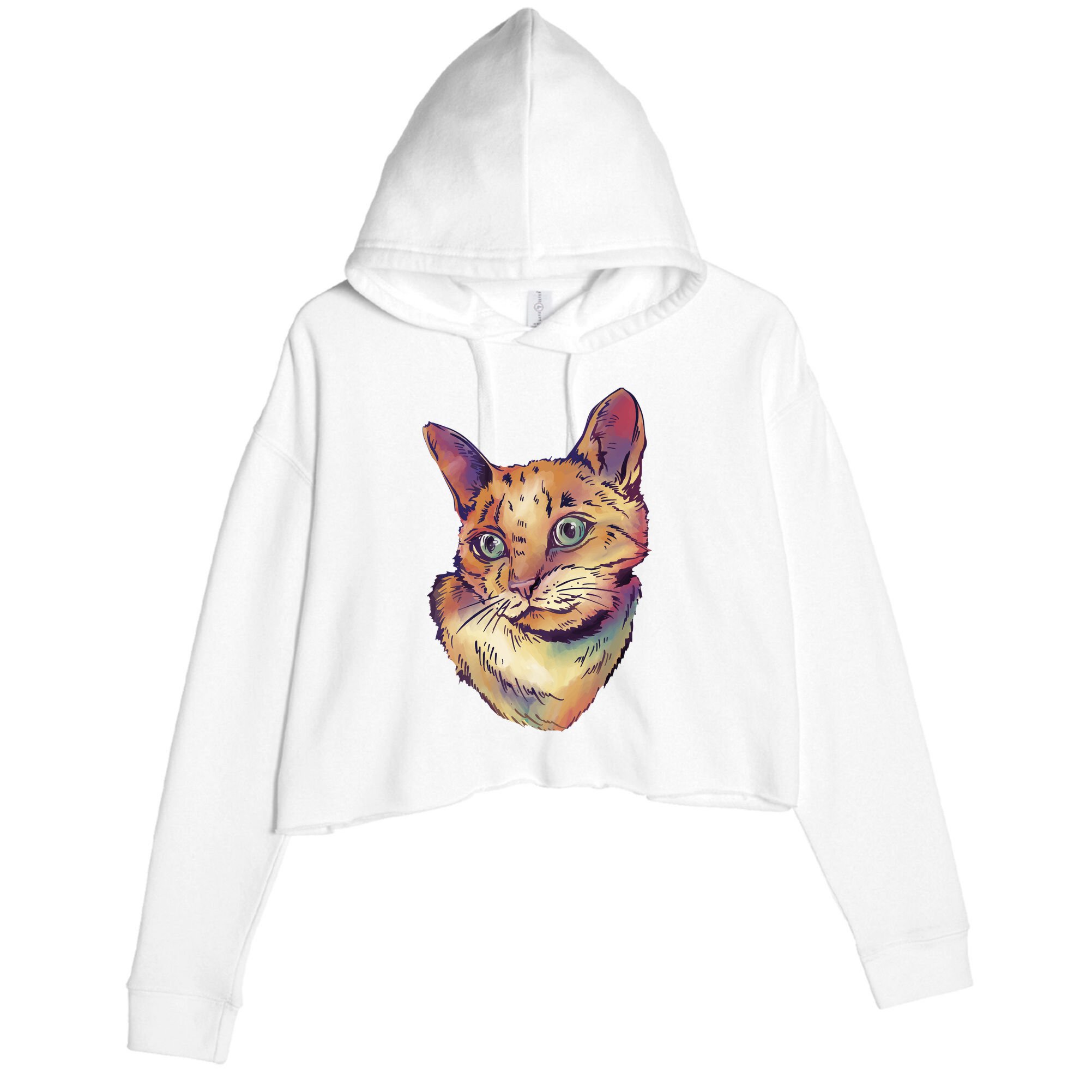 Watercolor Cute Cat Crop Fleece Hoodie
