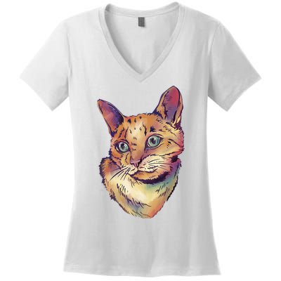 Watercolor Cute Cat Women's V-Neck T-Shirt