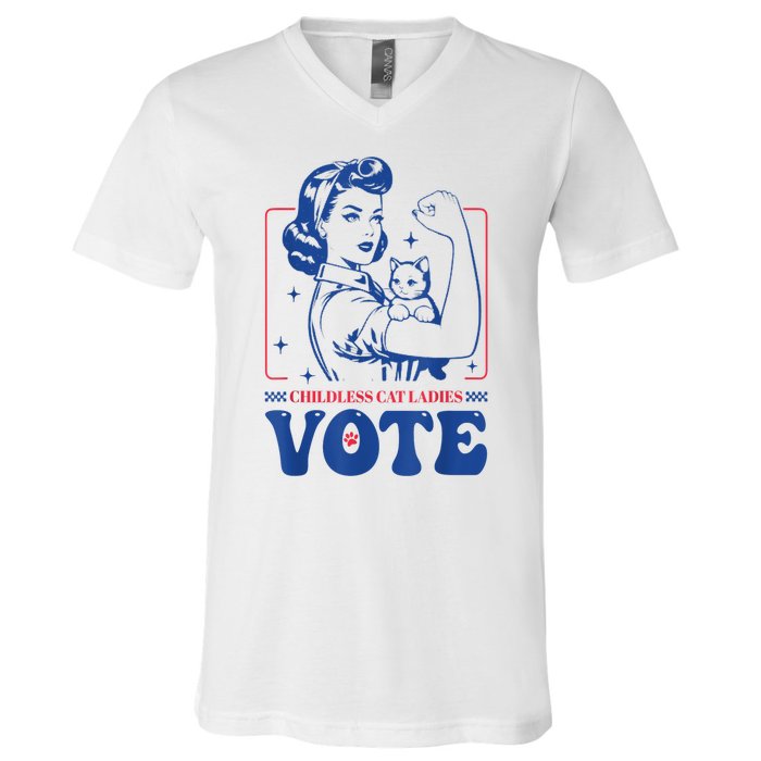 Woman Childless Cat Ladies Vote Retro Election 2024 Usa Gift V-Neck T-Shirt