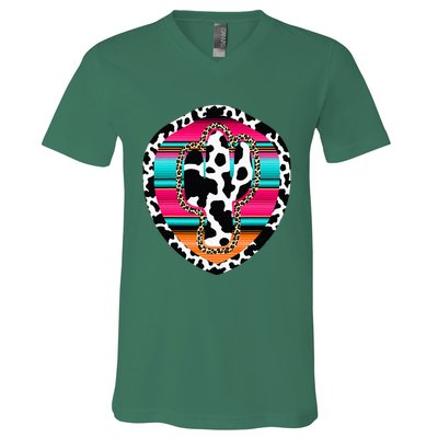 Western Cow Cactus Leopard Cheetha Serape Turquoise Pink V-Neck T-Shirt